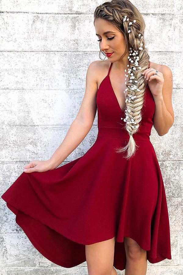 spaghetti straps v neck burgundy high low short prom homecoming dress