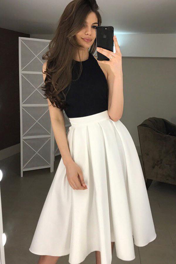 backless homecoming dress with pleats halter tea length prom dresses