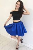 Two Piece Black Blue Off the Shoulder Short Homecoming Dresses GM115