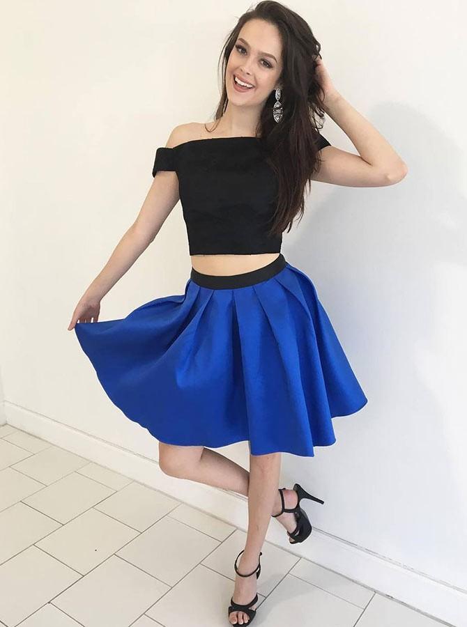 two piece black blue off the shoulder short homecoming dresses