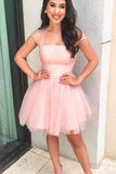 chic sparkly cap sleeves homecoming dress tulle pearls short prom dress