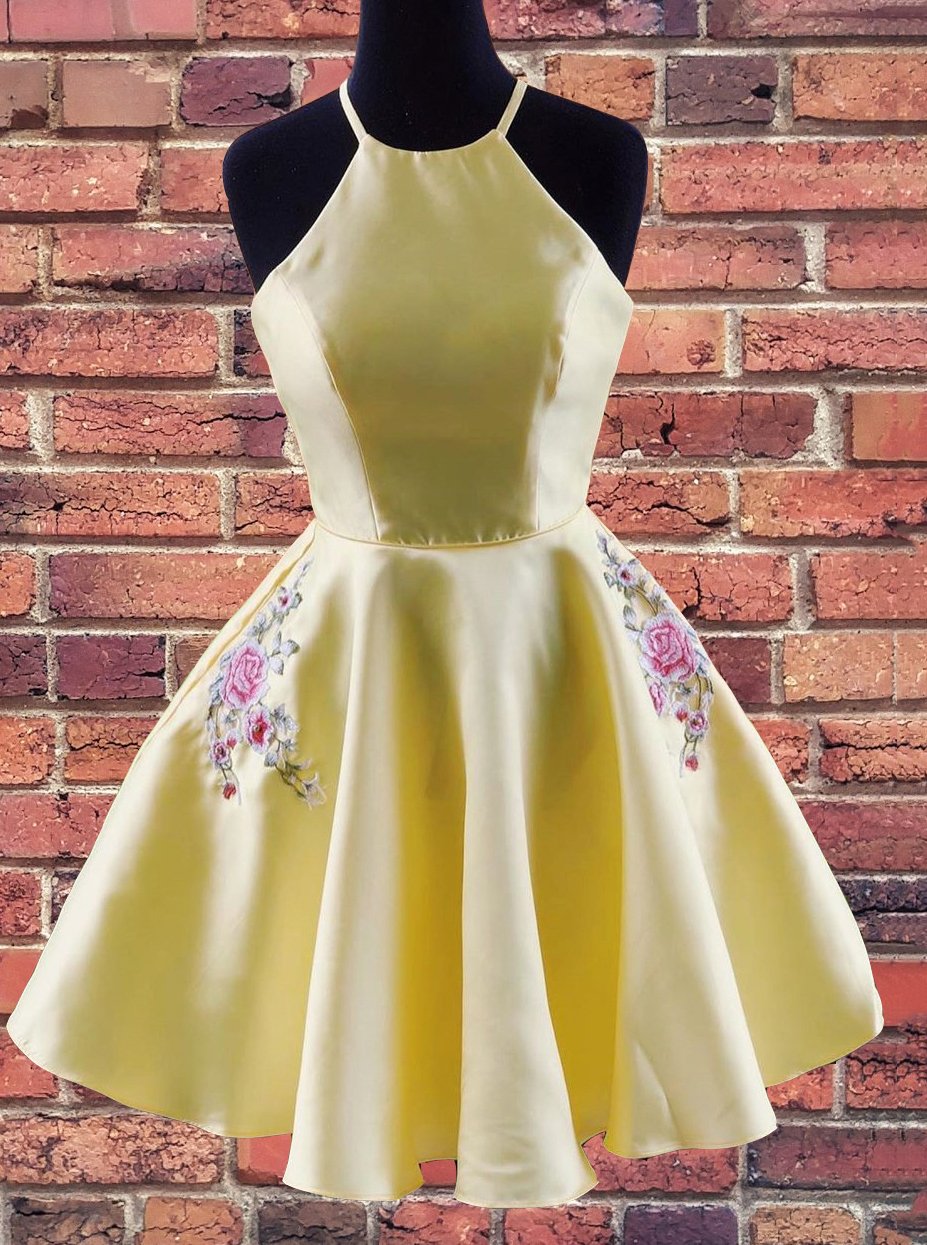 A-line Halter Yellow Homecoming Dress with Embroidered Pockets GM96