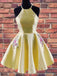a line halter yellow homecoming dress with embroidered pockets