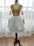 Long Sleeve Short Prom Dress Gold Appliques White Homecoming Dress GM246