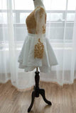 Long Sleeve Short Prom Dress Gold Appliques White Homecoming Dress GM246