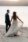 beach wedding dresses v neck boho shiny star tulle bridal gown