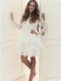 White Tiered A-Line Lace Homecoming Dress Long Sleeve Little Black Dress GM289