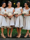 Lace off-the-shoulder knee-length grey satin bridesmaid dresses gb371