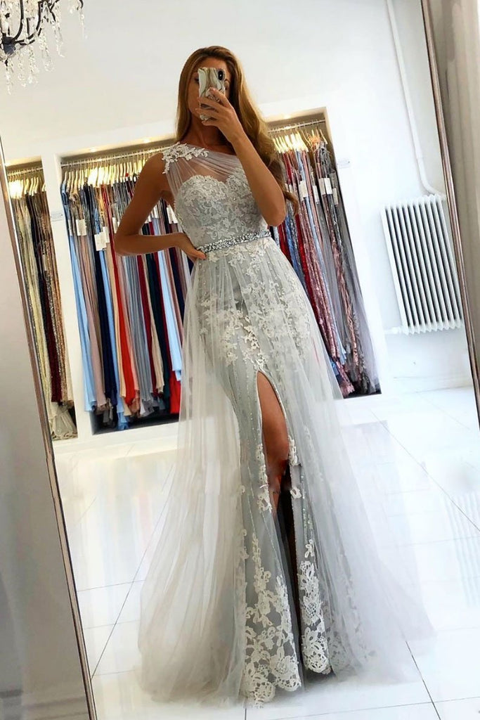 one shoulder tulle gray mermaid prom dress appliques long evening dress