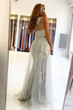 one shoulder tulle gray mermaid prom dress appliques long evening dress