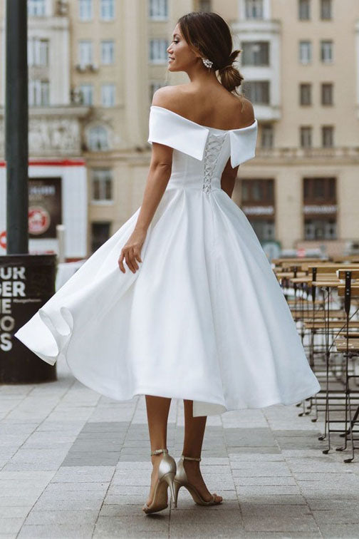 elegant off shoulder sleeveless knee length simple wedding dress