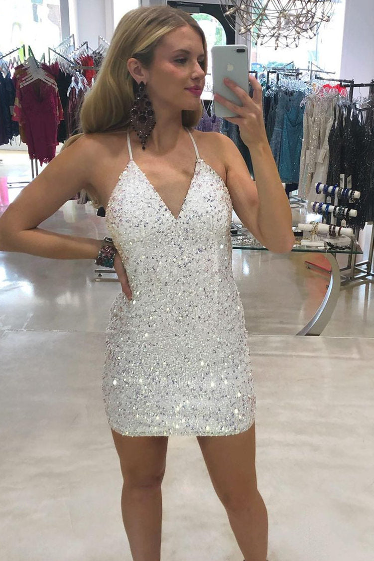 Sparkle White Sequins Short Tight Homecoming Dress, Short Pary Dress GM473