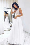 white a line v neck floor length wedding dress with appliques