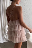Blush Pink V Neck Short Homecoming Dress Ruffle Tulle Criss-cross Back Party Dresses GM595