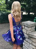 royal blue plunging neck floral print backless party dress with beading