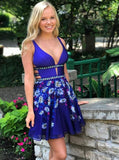 royal blue plunging neck floral print backless party dress with beading