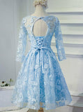 bateau 3 4 sleeves keyhole back blue lace homecoming dress