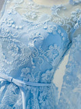 bateau 3 4 sleeves keyhole back blue lace homecoming dress