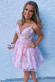 A-line V Neck Pink Homecoming Dress, Short Prom Dresses With Appliques GM349
