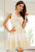a line v neck gold appliques short tulle homecoming dress