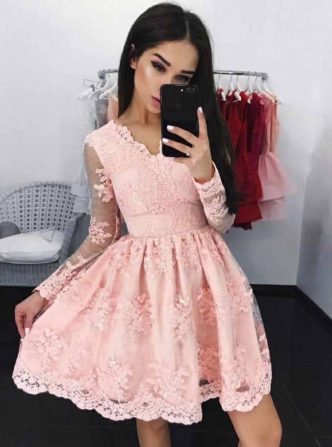 lace long sleeves pink tulle graduation party dress