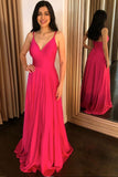 Simple Fuchsia Satin Long Prom Dress, A-line V-neck Formal Gown MP1226