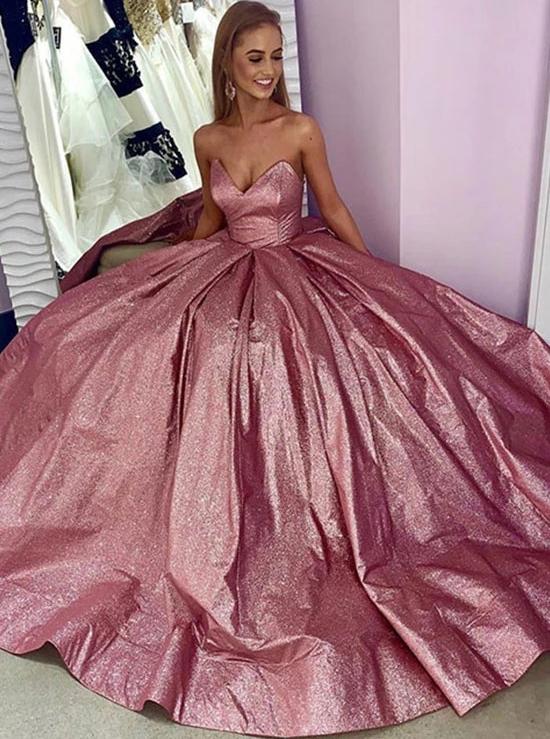 Glitter Sweet neck Satin Long Prom Dress, Pink Evening Dress MP172
