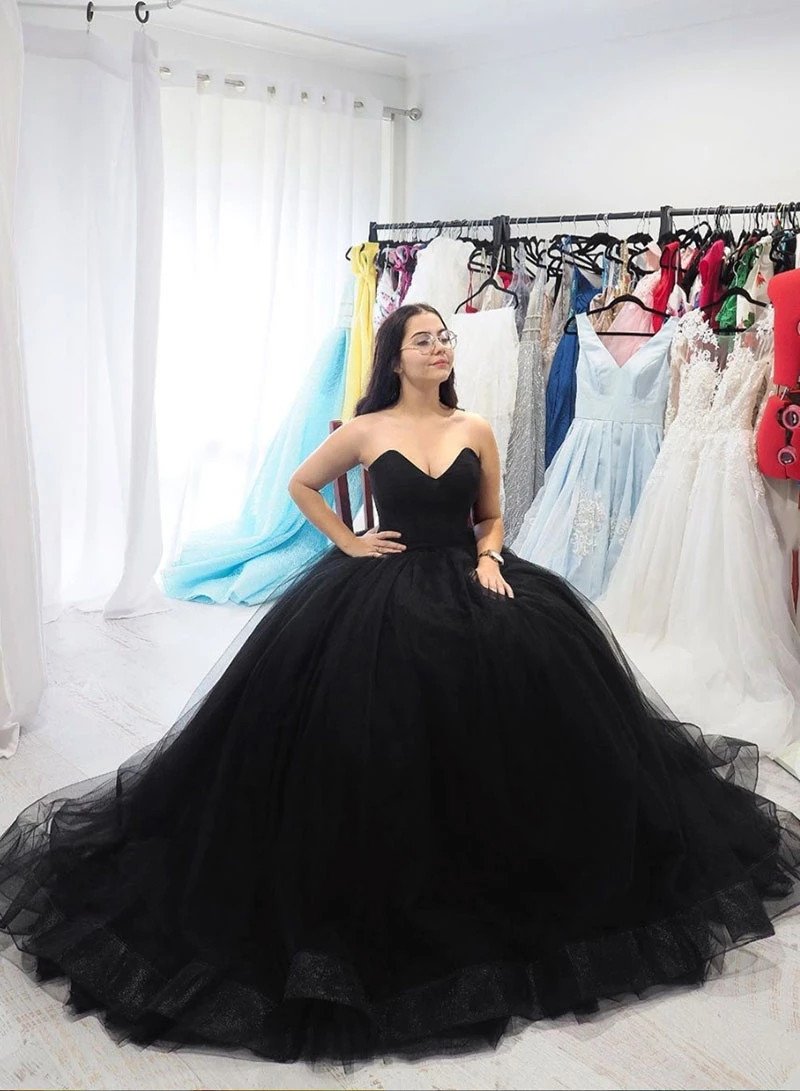 Sweetheart Tulle Ball Gown Black Long Formal Prom Dresses MP176