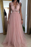 A-line V-neck Prom Dresses With Appliques, Tulle Long Evening Dress MP181