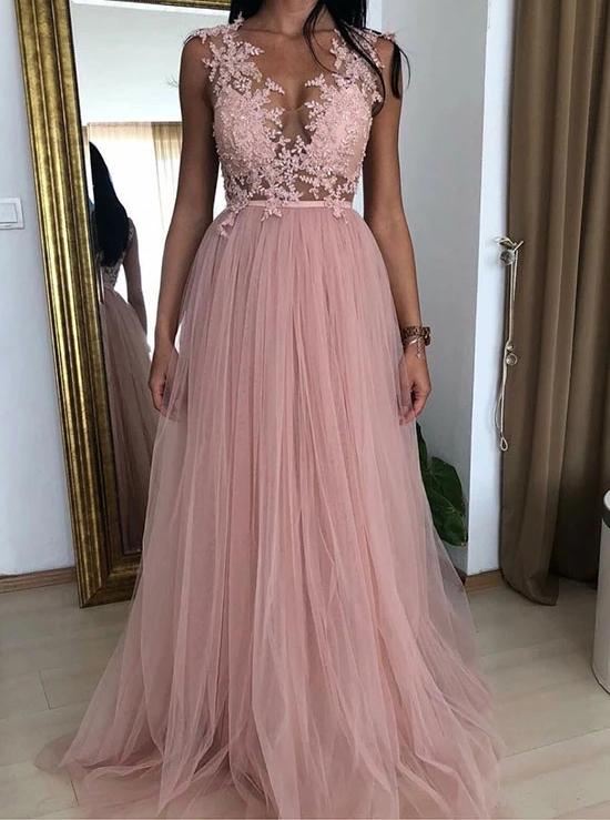 A-line V-neck Prom Dresses With Appliques, Tulle Long Evening Dress MP181