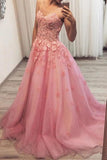 Sweetheart Pink Tulle Long Prom Dress, Appliqued Formal Evening Dress MP180
