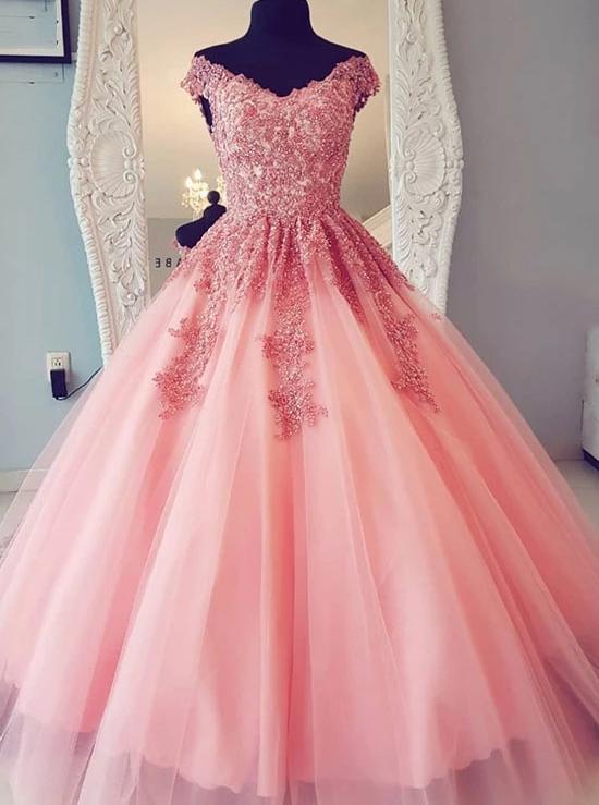 A-line Tulle Long Prom Dresses With Appliques, Quinceañera Evening Dress MP179