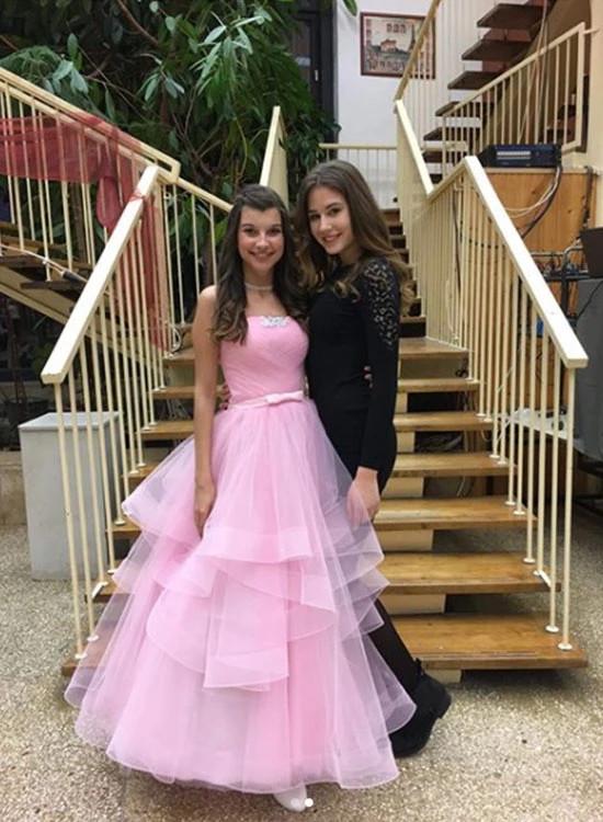 Charming Pink Tulle Long Prom Dresses, Strapless Sweet 16 Dress MP183