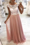 A-line Round Lace Long Prom Dresses, Pink Tulle Evening Dress MP182