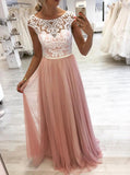 A-line Round Lace Long Prom Dresses, Pink Tulle Evening Dress MP182