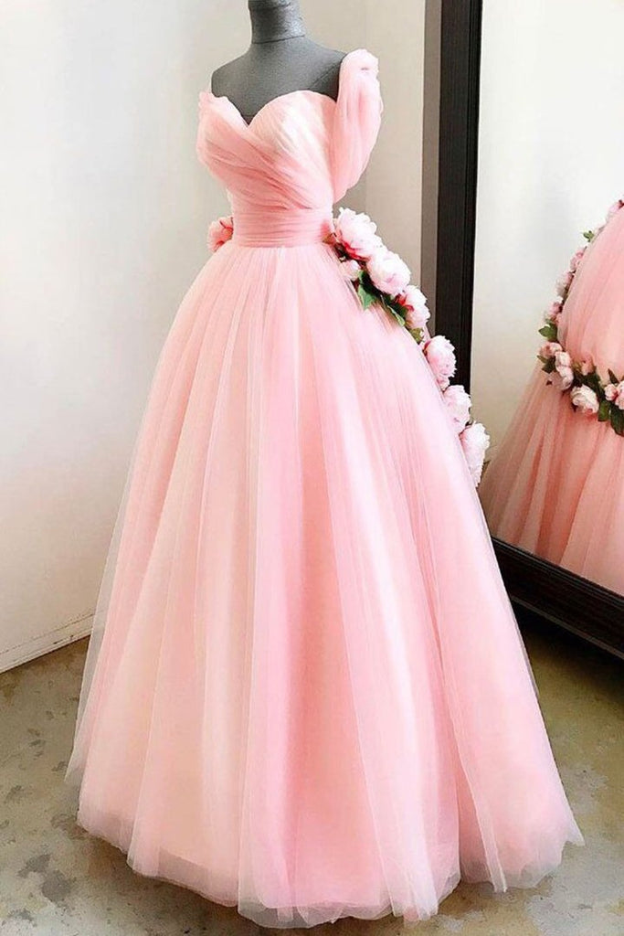 Princess Sweetheart Long Prom Dress, Pink Sweet 16 Dress With Handmade Flowers MP184