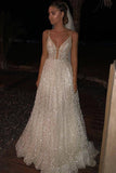 Sparkle Deep V Neck Long Prom Dresses Sequined Wedding Dresses MP168