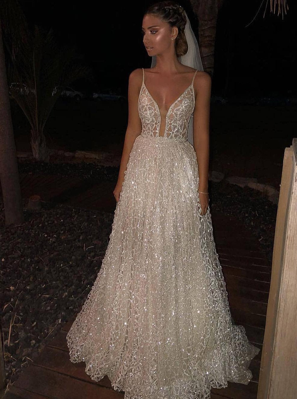 Sparkle Deep V Neck Long Prom Dresses Sequined Wedding Dresses MP168