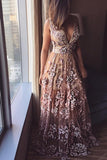 A-line V-neck Long Prom Dresses Sleeveless Formal Dress With Appliques MP169
