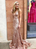 Rose Gold Mermaid Sequins Long Prom Dress, Glitter Long Evening Dress MP166