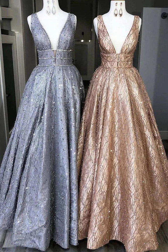 A-line V-neck Long Sparkle Prom Dresses,Sequins Beading Party Dress MP70