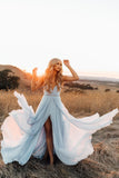 a line spaghetti straps chiffon slit light sky blue long prom dress