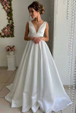 Simple Sleeveless Wedding Dress, A-line V-neck Satin Bridal Gown PW283