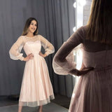 Tea-Length Tulle Prom Dress New Dot A Line Long Sleeves Evening Dress GP71