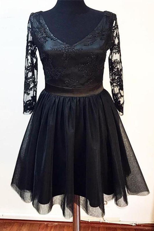 3 4 sleeves v neck little black dress lace tulle homecoming dress