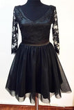 3 4 sleeves v neck little black dress lace tulle homecoming dress