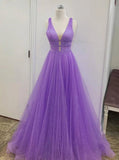 A Line V Neck Lilac Prom Dress Tulle Long Formal Graduation Dresses MP132