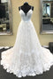 A-line V-neck Lace Long Wedding Dresses, Ivory Spaghetti Straps Bridal Gown PW546