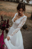 A-line V-neck Lace Chiffon Beach Wedding Dress with Long Sleeves PW88