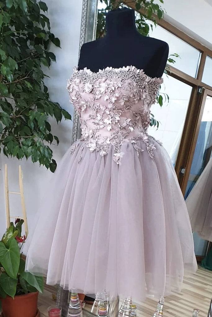 chic strapless tulle beaded short prom dress homecoming dress